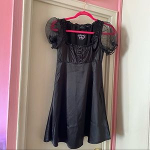 Lazy Oaf Black Babydoll Dress with Decorative Buttons and Puffy Mesh Sleeves